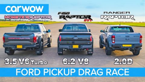 Ford F150 Raptor V6 Turbo vs F150 Raptor V8 SVT vs Ranger Raptor diesel - DRAG RACE & ROLLING RACE