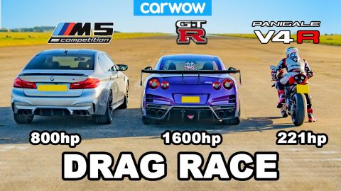 BMW M5 v Nissan GT-R v Ducati V4R - DRAG RACE *tuned cars vs stock bike*