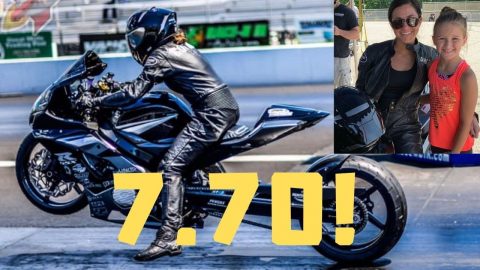 FEMALE MOTORCYCLE DRAG RACER SETS GSXR 1000 ALL MOTOR DRAG BIKE WORLD RECORD AT HER FIRST PRO RACE