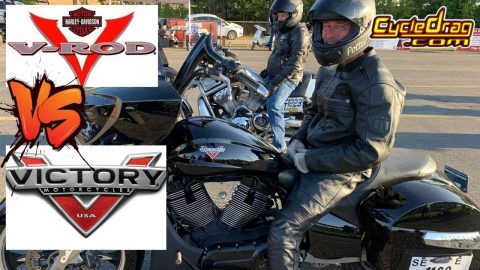 HARLEY V-ROD VS. VICTORY BAGGER IN UNPREDICTABLE MOTORCYCLE DRAG RACING GRUDGE MATCH