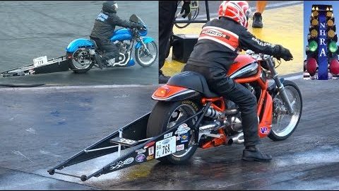 Harley Davidson V-Rod vs Sportster Drag Racing  1/4 mile run