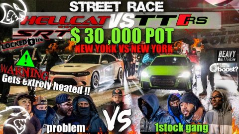 STREET RACE HELLCAT CHARGER VS 1STOCK AUDI TTRS TURBO $30K POT (GETS HEATED FAST!🤬) COPS WERE WILD!