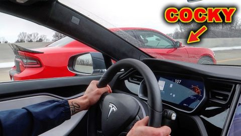 COCKY CHARGER SRT OWNER RACES TESLA P100D! *SHOCKING RESULTS*