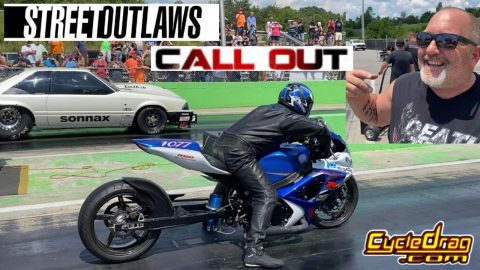 FIRST EVER Street Outlaw MOTORCYCLE Call Out! DEATH TRAP MUSTANG vs. NITROUS GSXR 1000 CASH DAY!