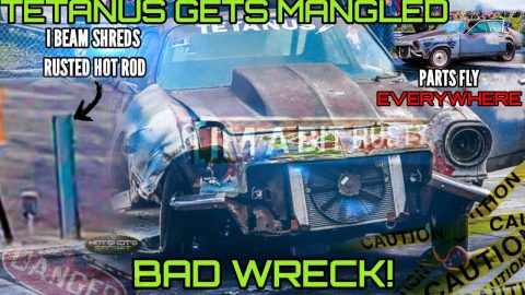 CRAZY WRECK PARTS FLY EVERYWHERE FLAGGER ALMOST GETS TAKEN OUT TETANUS GETS MANGLED!