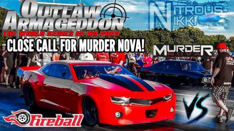 MURDER NOVA HAS A CLOSE CALL VS THE FIREBALL CAMARO AT OUTLAW ARMAGEDDON 7 STREET OUTLAWS 405
