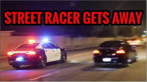 STREET RACER OUTRUNS COPS CAUGHT ON CAMERA (CRAZY CAR MEET)