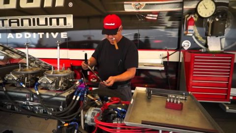 V. Gaines working on NHRA Pro Stock engine