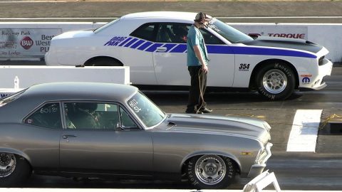Chevy Nova vs Challenger Drag Pack and Hellcat - old vs new school drag racing