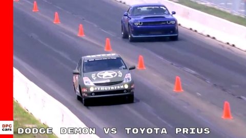 Dodge Challenger Demon vs Toyota Prius With Hellcat Engine Drag Race