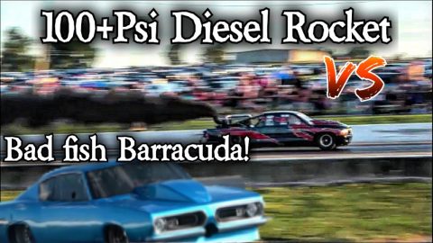 Plymouth Barracuda Boosted vs 100+psi Diesel Truck!