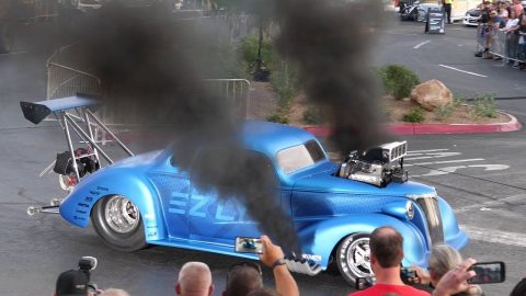 Screwed Coupe Supercharged Duramax Dragster Burnout Leaving SEMA Car Show