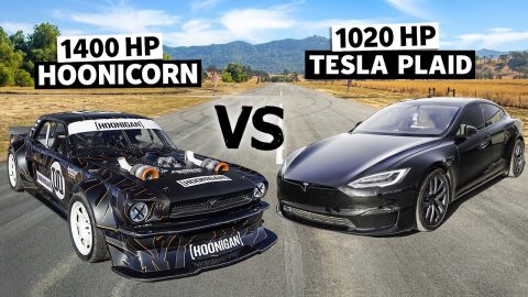 Tesla Model S Plaid vs Ken Block's 1400hp AWD Mustang // Hoonicorn vs The World 2