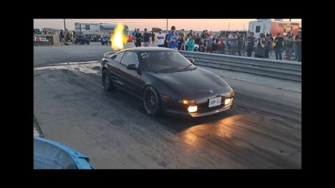 1320 presents Ice Cream Cruise 2022 Toyota MR2 spitting flames all the way down the track.