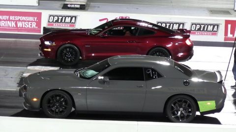 2019 Scat Pack vs Mustang GT vs Hellcat vs Tesla - drag racing