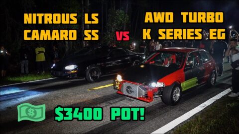 TURBO K20 AWD EG HATCH VS NITROUS LS CAMARO SS | $3400 STREET RACE | C.F.RACING