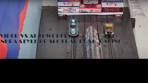 NHRA Style Heads Up H.O. Slot Car Drag Racing. 4- Gear VS DR1 TF Funny Cars, 4 Lane Drag Strip.