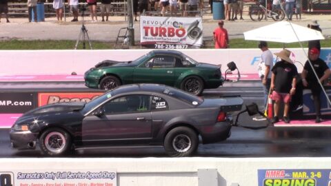 Turbo LS Mazda Miata vs Ford Mustang 1/4 Mile Drag Race
