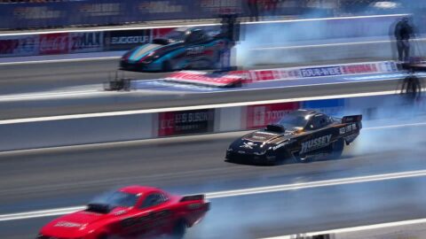 2021 LVMS 4-wide Top Alcohol Funny car qualifying round 3-spectator view