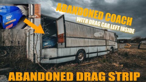 ABANDONED Coach WITH DRAG CAR INSIDE, CLOSED Drag STRIP