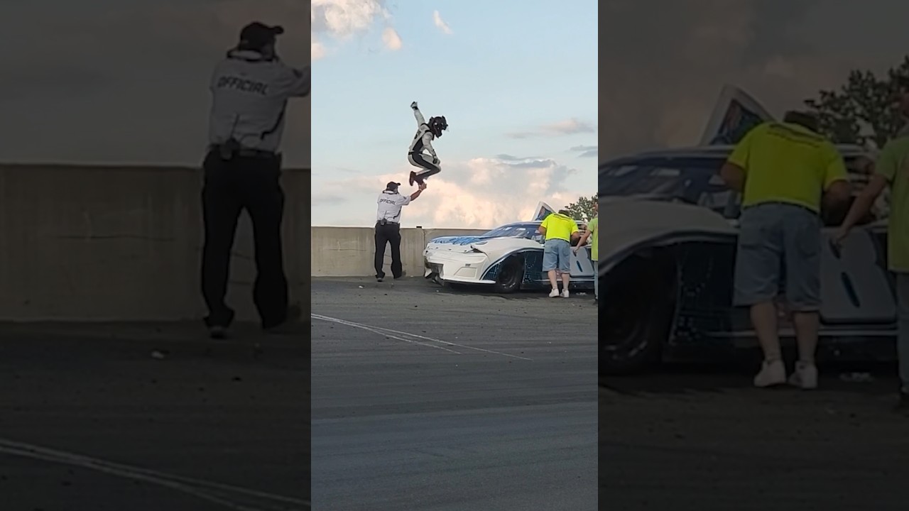 NASCAR driver jumps on racecar!! #nascar