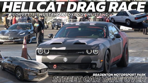 Hellcat Drag race Mustang, Corvette & Foxbody mustang @ Street Car Take Over